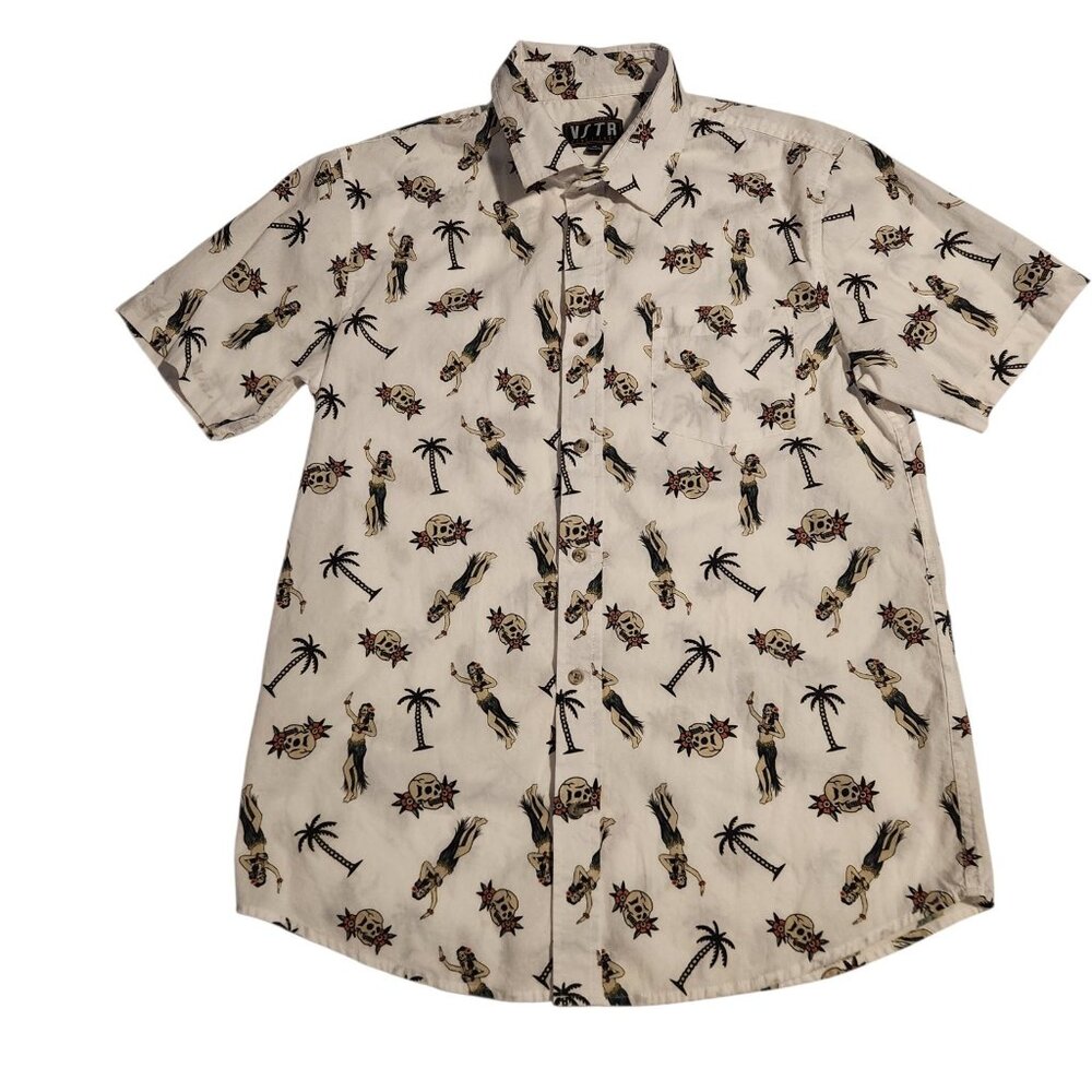 VSTR Button-Up‎ Shirt Skull Hula Dancers Palm Trees Pattern Unique Mens Medium